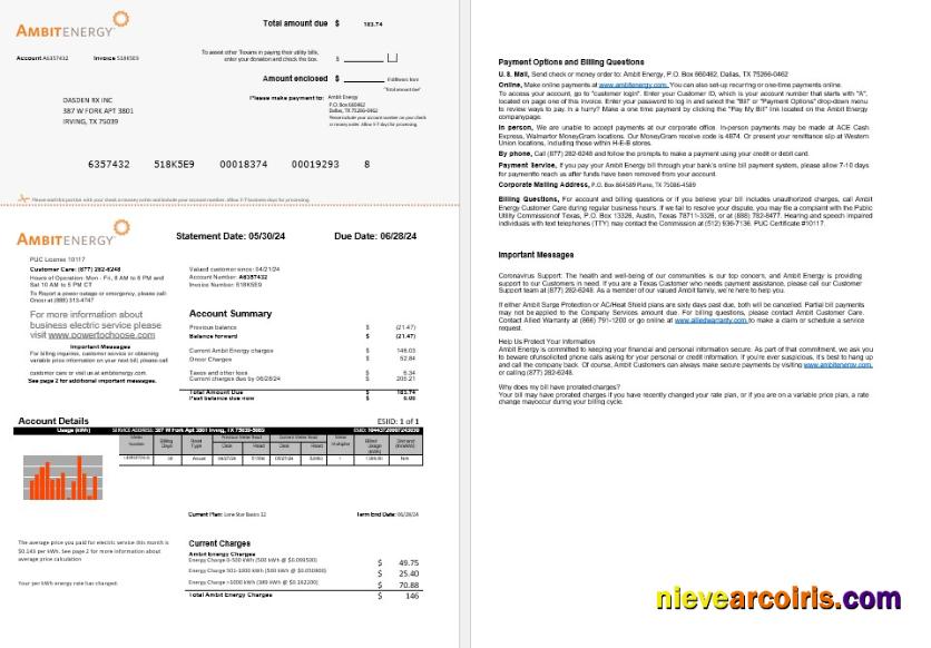 USA Ambit Energy business utility bill 1-2 pages